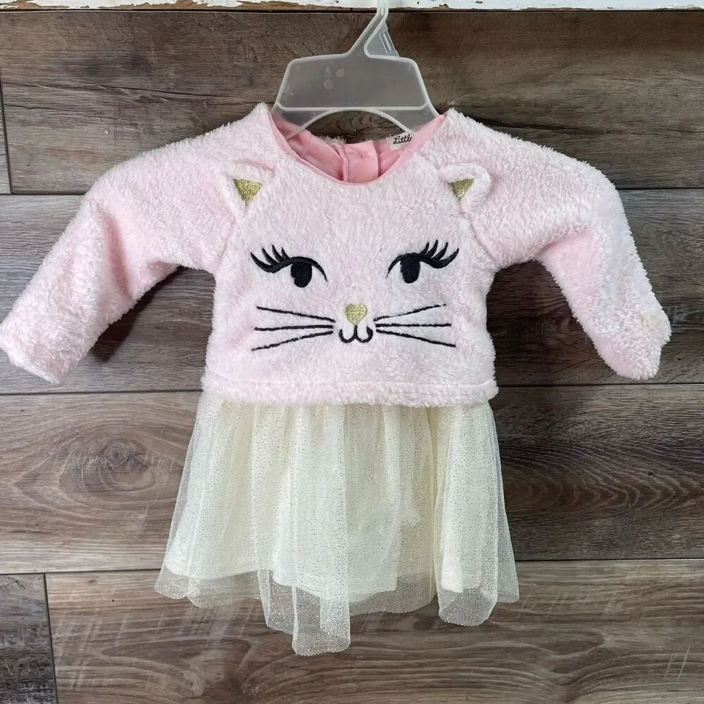 Little Lass Girl Dress Pink White Gold Sparkles Tutu 1pc Fuzzy Kitty Cat Top 12M